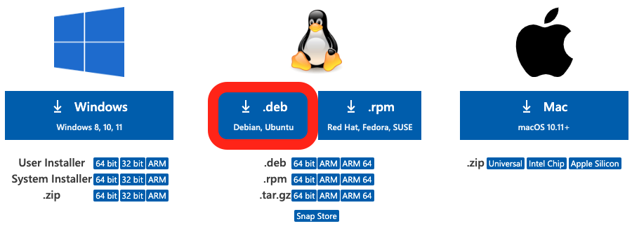 VS code的各种安装包，红框框出的是适用于Debian系系统的.deb格式安装包